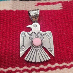 Sterling Silver Thunderbird Pendant Pink Conch Shell Hand Stamped Pictograph